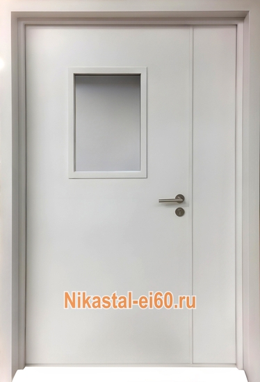 Полуторная противопожарная дверь ДПМ с остеклением ei-60 и двухсекционными петлями